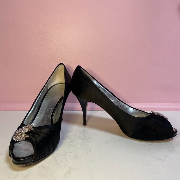 Giuseppe Zanotti Black Satin Open Toe Pumps with Crystal Embellishment - EUR 38 - Picture 4 of 7